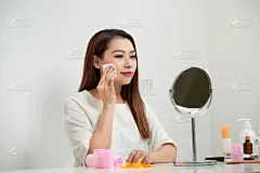 棉,彩妆,快乐,自然美,disk,镜子,梳妆台,青年女人,微笑,做
