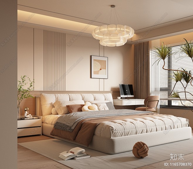 现代奶油家居卧室SU模型下载【ID:11...
