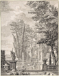 Landscape with Architecture, ca. 1730  Isaac de Moucheron (Netherlandish, 1667–1744)  This drawing by Isaac de Moucheron, dated ca. 1730, illustrates an imaginary Italianate garden filled with classical architecture and statuary. Beautiful in its own righ