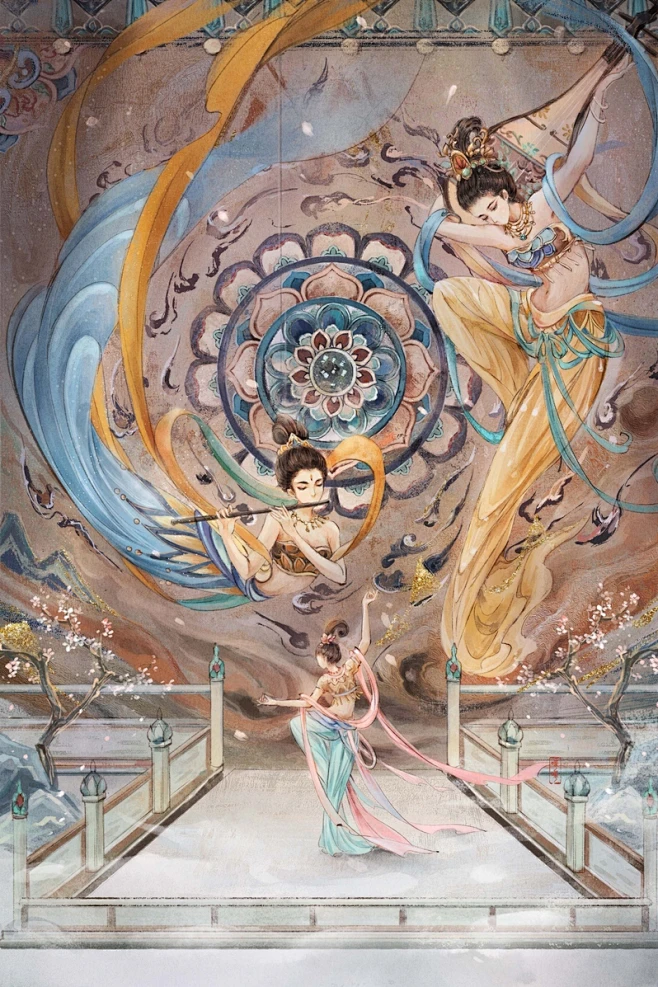 敦煌壁画-飞天：在佛教初传不久的魏晋南北朝时，曾经把壁画中的飞仙亦称为飞天，是飞天、飞仙不分。后业随著佛教在中国的深入发展，佛教的飞天、道教的 ...