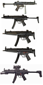 MP5A3。它也就是CS中的B31粘人滴枪。它与MP5A2的区别是《伸缩枪托》。其他地方几乎没什么变化。初期型的MP5曾采用过直型弹夹，从到1977年全部改为弧型弹匣。最下面的是MP5A3没有全自动而只有两连发和单发。近年来面对穿着防弹衣的匪徒。发射9mm口径弹药的SMG表现出穿透力不足，总的趋势是逐渐被5.56mm自动武器所代替。