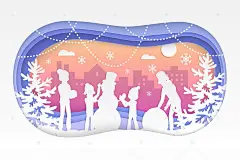 矢量 | 冬天剪纸剪贴小镇房子雪花可爱完美的圣诞贺卡 | 云瑞