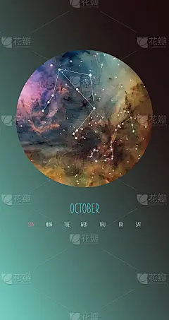 星座日历。由星系和黄道星座组成的圆圈。