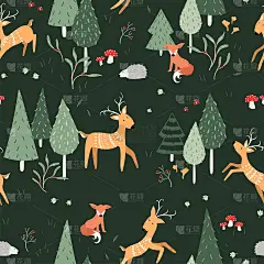 可爱的手绘森林无缝模式与鹿和树木。伟大的纺织品，横幅，壁纸，包装矢量设计