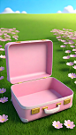 A-open-empty-pink-suitcase-on-the-wide-grass-surrounded-by-flowers--in-front-view--high-view--the-suitcase-is-empty-inside--with-sky-blue-background--in-the-cartoon-style--rendered-in-C4D--as-a-3D-sce (5)