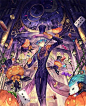 This may contain: an illustration of a woman in a purple outfit surrounded by pumpkins and other decorations