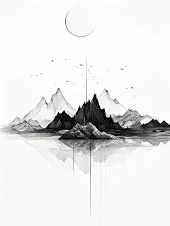 极简主义山水插图，水墨山脉由不同的线条组成黑白