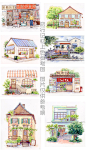钢笔淡彩线稿东京老铺建筑上色水彩线稿新手入门材料临摹涂色亲子-淘宝网