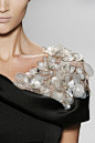 Shell bead adorned shoulder - dress close up; embellished shoulder; fashion details // Prabal Gurung