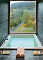 this spa in bathroom looks really relaxing and it has a big window which brings the natural light in and has a lovely view from outside: 