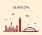 苏格兰格拉斯哥的天际线时髦的矢量线风格——建筑对象Glasgow Skyline Scotland Trendy Vector Line Style - Buildings Objects文摘、弧、建筑、艺术、吸引力、背景、大,桥,英国,建筑,商业,城市,城市景观,设计,英国,欧洲,立面,乔治,格拉斯哥,美术,历史,说明,孤立,王国,地标,景观,主要,晚上,全景,苏格兰 abstract, arc, architecture, art, attraction, background, big, bridg