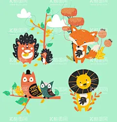 创意动物插画素材  - 源文件下载【酷图网】狐狸,狮子,刺猬,猫头鹰,创意动物插画,个性动物插画,扁平动物插画,卡通动物,可爱动物