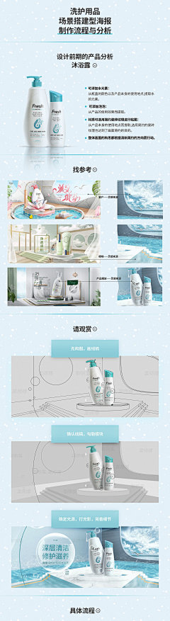 洗护用品洗发露沐浴露场景搭建，日常海报清新简约夸张手法P4D
