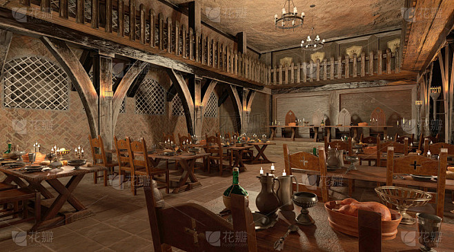 中世纪城堡大厅内部三维插图