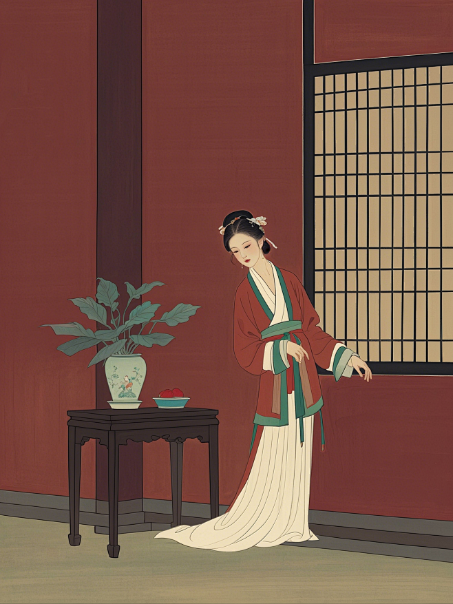 Nanjiao Xi，一位宋代少女，站在窗前，优雅端庄，整体色调为低饱和度的深红色调，清新自然，仕女图，色调统一，低饱和度 (8)
