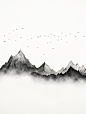 极简主义山水插图，水墨山脉清晰黑白