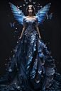 ((masterpiece)), ((best quality)), 8k, high detailed,1girl, 20-year-old,wings, dress, blue background, standing, glowing, butterfly wings, full body, light particles, contouring light, fairy dress,ZYM