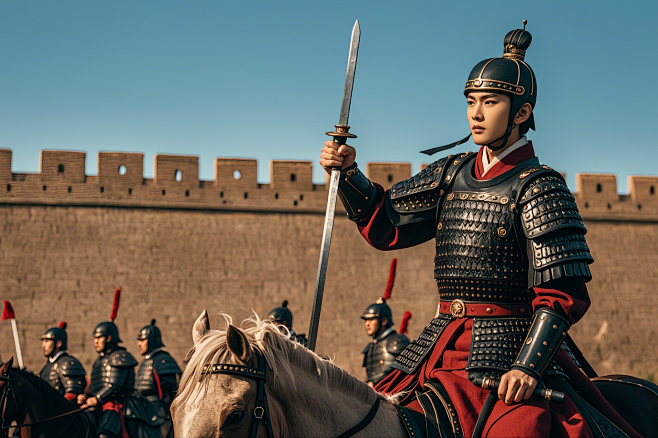 中国一位古代少年将军骑马领军，手拿长剑，带着士兵行军时候的场景，真人实拍，远景，背景城墙,面部细节 (1)