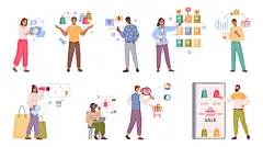 图源免费EPS文件 |Consumer behavior, consumer motivation, purchasing habit, flat cartoon people. Buyer person and purchase decision process, marketing and competitor research, shopper habits, targeting strategy vector