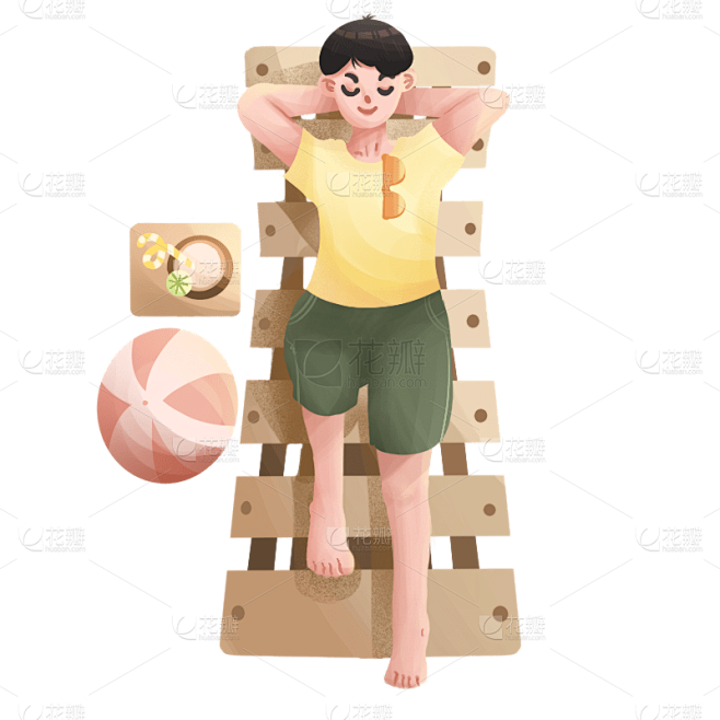 手绘-夏天元素人物插画贴纸-躺椅
