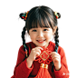 新年头顶盘丸子头的可爱小女孩，红衣服_副本