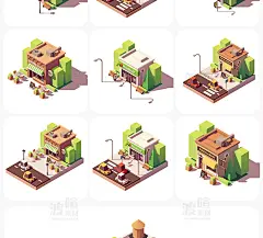 卡通手绘2.5D创意场景等距C4D风格建筑室内AI矢量插画UI设计素材-淘宝网