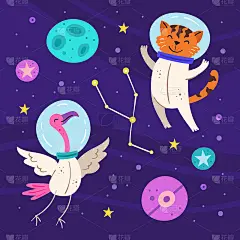 空间矢量平面插图，一套元素，贴纸，图标。穿着太空服的老虎和火烈鸟，星星，行星，小行星。宇航员。星系,