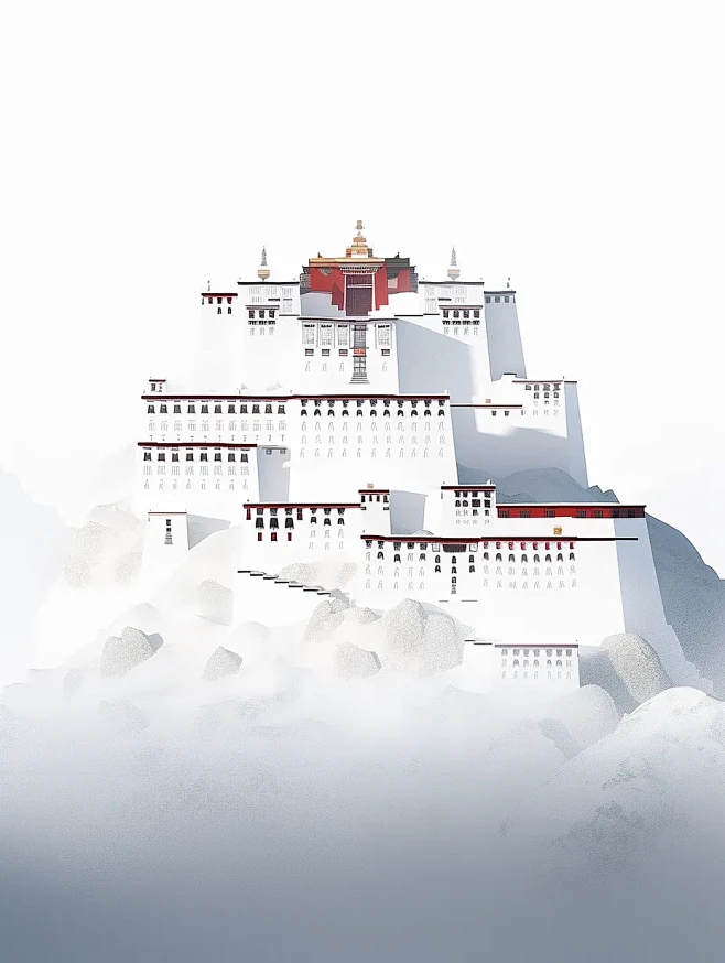 布达拉宫被白色浓雾包围，佛教禅宗平面插图...