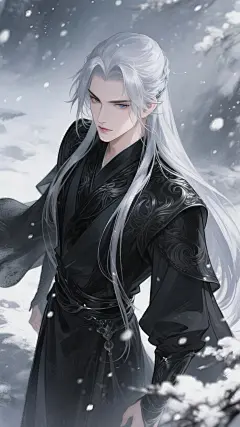 wlop风格，“仙逆男主角—王林”，淡墨水彩，暗纹图样，二次元动漫风格，立体渲染，垂坠感，颜色曲线，精细画笔，超细腻笔触，线条流畅，超清画质，完美品质，高质量，CG质感，自适应饱和度，专业级打光，大师杰作，专业摄影，自由视角，极繁主义，明暗对比强烈，阴影过渡自然，板绘，氛围感，高级感，意境，背景随意发挥，人物眉眼和脸型神似BJD模样，莫兰迪色系渐变融合，元素，唯美，意识流，宿命感拉满，情绪照明，

摆pose，清冷感，妖冶，华丽，优雅，帅气，

帅哥，银色长披发，玄黑战袍，王之蔑视，高颜值，五官立体，白皙