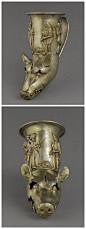 银制角状杯。公元前490-323年希腊。罗浮宫博物馆。少见的猪头来通