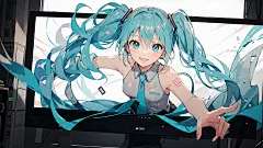 初音未来从电脑屏幕里出来动漫壁纸