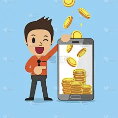 商业概念卡通智能手机帮助商人赚钱