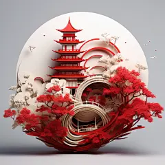 古风建筑中国风山水树木风景素材