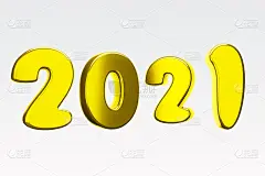 2021黄金粗体单词3d插图上孤立的白色背景。剪切路径。