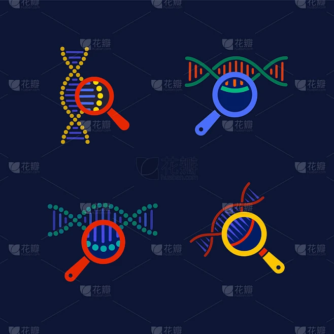 DNA测试图标集。DNA链在放大镜标志。基因工程，克隆，亲子鉴定，DNA分析。矢量插图在黑暗的背景。图片_其他图片图片素材-花瓣网