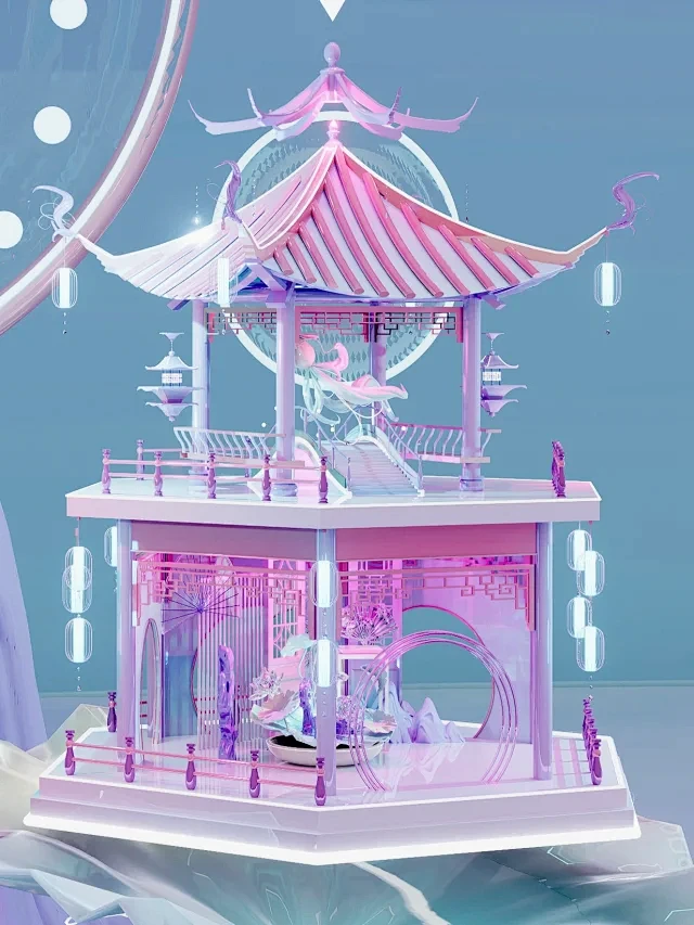 3D建模｜荷叶上的赛博国风亭子