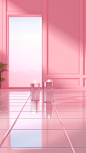 a pink room with a light shining on the tiled floor, in the style of luminous 3d objects, transparent/translucent medium, classical still life, crystalcore, minimalist monochromatic landscapes, memphis design, dusty piles