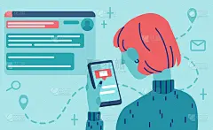 一个拿着手机的女孩的插画。社交媒体广告