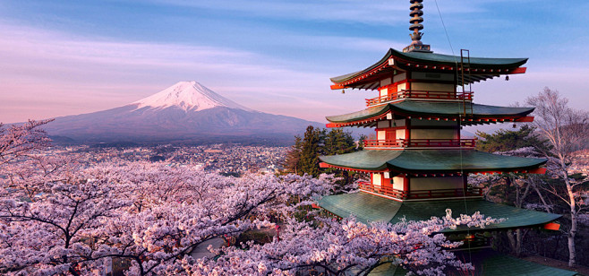 日本美丽风景-樱花-塔-观山-富士山，