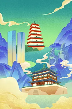 西安大雁塔鼓楼城市地标建筑插画