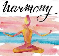 一个女孩在彩色橙色背景的数字。一个人练习着禅宗和冥想，莲花的位置。水彩栅图，为印刷品、海报和杂志提供