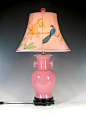 中式灯具 粉红釉象耳瓶真丝手绘陶瓷台灯