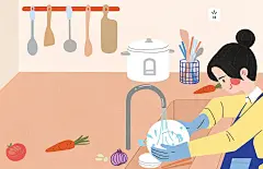 一个女孩在厨房洗碗扁平风插画图片下载