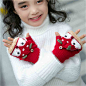 4-10岁儿童手套冬季卡通圣诞小鹿加绒加厚棉保暖学生半指翻盖
