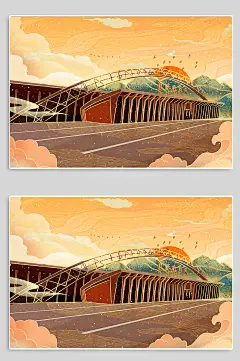 简约临沂汽车站建筑地标插画