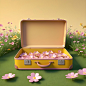 A-open-empty-yellow-suitcase-on-the-wide-grass-surrounded-by-flowers--in-front-view--high-view--the-suitcase-is-empty-inside--with-pink-background--in-the-cartoon-style--rendered-in-C4D--as-a-3D-scene (10)