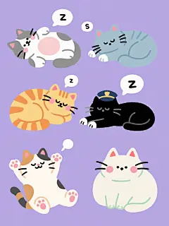 淡紫色纯色背景，手绘风格可爱卡通插画，六只慵懒熟睡的小猫以2×3网格规整排布：左上是灰白相间毛色小猫仰卧着露出粉嫩肚皮，右上是灰蓝色小猫侧躺成"S"形，左中是橘黄条纹小猫蜷缩成毛球，右中是纯黑猫警长造型小猫趴着露出白爪尖，左下是三花猫四脚朝天举着小爪子，右下是奶油白猫团成圆形只露出两只尖耳朵，所有猫咪都有圆润头部、短小四肢、粉色内耳和脸颊红晕，眼睛鼻子用简单黑线勾勒，表情安详满足，每个猫咪上方都有带"Z"字符号的白色气泡，线条简洁流畅，色彩以薰衣草紫、薄荷绿、蜜桃粉为主调，整体呈现柔和明快的治愈氛围。