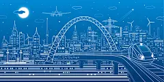手绘城市交通线描建筑飞机场地铁货车高架桥高铁线稿eps矢量素材-淘宝网