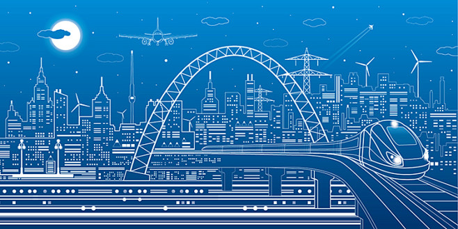手绘城市交通线描建筑飞机场地铁货车高架桥...