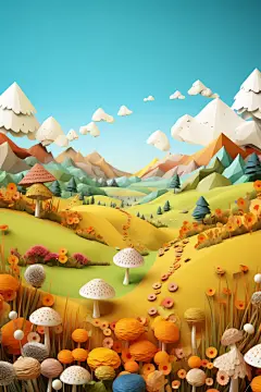 山丘毛绒风秋季自然风景插画背景图